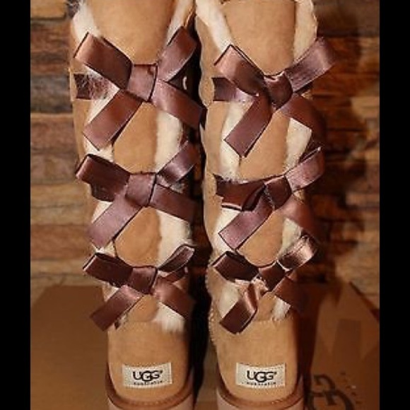 NIB UGG Women's Tall Bailey Bow Suede Shearling Lined‎ Boots CHESTNUT - Picture 5 of 8